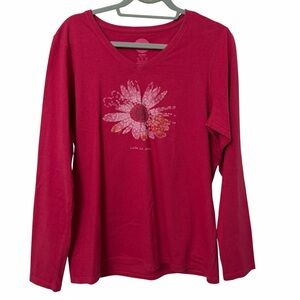 Life Is Good Shirt Womens Large Pink Flower Graphic Crusher Long Sleeve V Neck